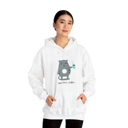 Meh the Cat. But first...Coffee. Unisex Heavy Blend™ Hooded Sweatshirt